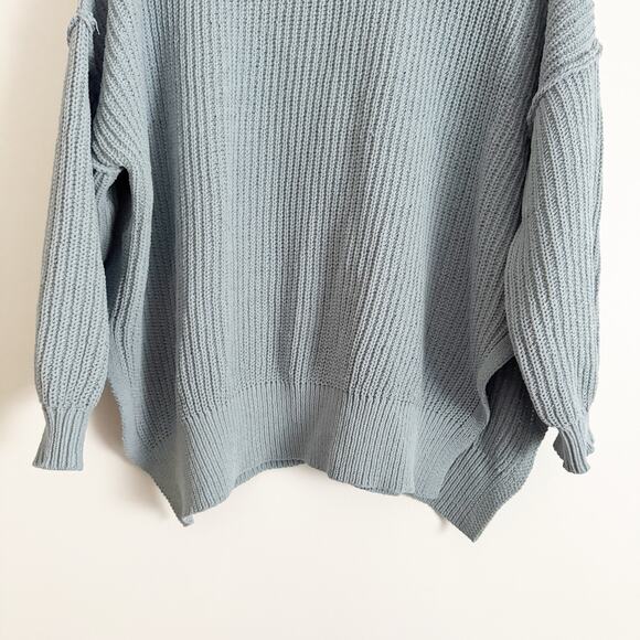 AERIE Chunky Oversized Knit Ribbed Crewneck Sweater Dusty Blue Medium M - Picture 4 of 9